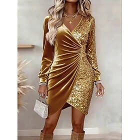 New Year Women's Mini Dress Sheath Dress Elegant Party Birthday Vacation Party Wedding Solid Color Long Sleeve V Neck Wine Red Black Gold