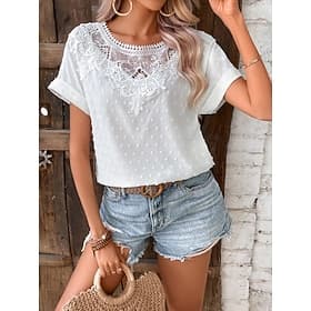 Femmes T-shirt Dentelle Patchwork Uni Mode Élégant Classique Manche Courte Col ras du cou Hauts Réguliers Quotidien Week-end Blanche Jaune Rouge bleu marine Ét