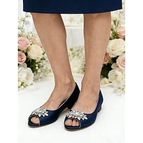 Women's Navy Blue Peep-Toe Flats with Rhinestone Embellishments – Elegant Satin Shoes for Weddings, Parties, and Formal Events