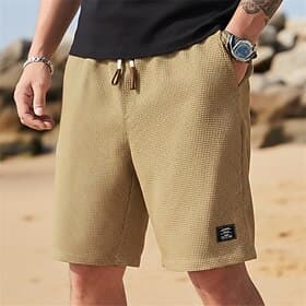 Men's Waffle Shorts Summer Shorts Beach Shorts Casual Shorts Textured Shorts Drawstring Elastic Waist Solid Color Comfort Knee Length Daily Outdoor Holiday Vac