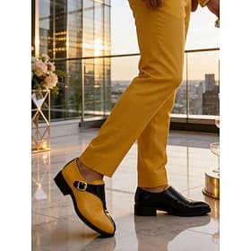 Men's Yellow and Black Monk Strap Loafers, Stylish  Slip-On Shoes with Adjustable Buckle, Perfect for Wedding Guests, Formal Ceremonies and Semi-Formal Events