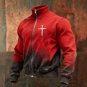 Men's Cross Jacket Sweatshirt Fashion Vintage Retro Stand Collar Outdoor Streetwear Party Blue Red Green Gray Zip Up Spring Fall Designer S M L XL XXL XXXL