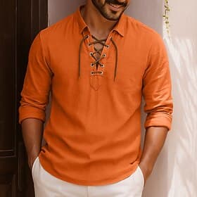 Men's Shirt Linen Shirt Viking Style Summer Shirt Beach Wear Solid Color Casual Daily White Orange Green Light Blue Long Sleeve Turndown Spring Clothing Appare
