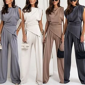 Women's Pants Sets Bolero Top Sleeveless Crew Neck Solid Color Elegant Fashion Streetwear Casual Daily Outdoor Dark Grey Black White Summer Loose Fit