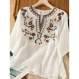 Women's Blouse Faux Cotton Linen Ruched Embroidered Floral Stylish Casual 3/4 Length Sleeve Crew Neck Regular Tops Daily Blue White Pink Purple Green Summer Sp