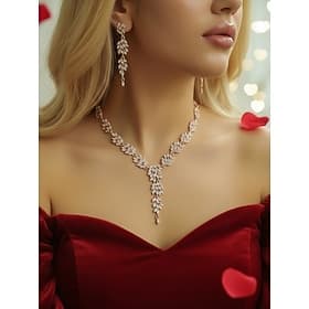 Women's Silver Crystal Drop Necklace and Earrings Set, Elegant Romantic Jewelry for Valentine's Evening