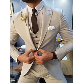 De los hombres Trajes boda en la playa Boda Dunkelkaki Beige Primavera Traje Pico Negocios Formal Color sólido A Medida Juego de 3 piezas Recto 1 botón