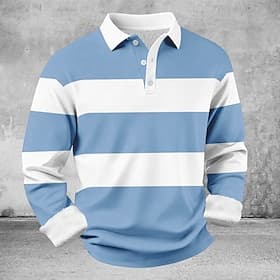 Men's Geometic Horizontal Stripes Polo Shirts Themmal Shirts Long Sleeve Polo Shirts Lapel Casual Athleisure Holiday Daily Wear 3D Print Spring Fall Winter Blu