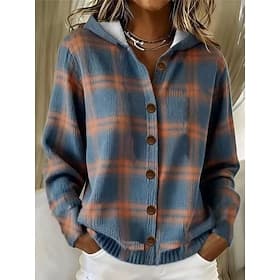 Women's Cardigan Casual Geometric Checkered V Neck Hooded Print Long Sleeve Regular Tops Knit Daily Holiday Blue Spring Fall