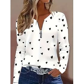 San Valentino Per donna Maglietta Cerniera Stampato Cuore Grafico Vintage Moda Elegante Manica Lunga Girocollo Top Regolari Quotidiano Bianco Primavera Autunno