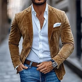 Men's Faux Suede Blazer Blazer Jacket Casual Business Work Elegant Vintage Spring Fall Terylene Solid Color Single Breasted Blazer Brown khaki