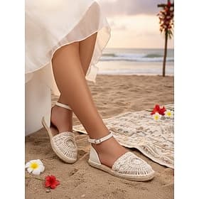 Weiße Espadrille-Sandalen mit Spitze für Damen – Boho-Brautjungfernschuhe für Strandhochzeiten, bequemes, gehäkeltes Design mit geschlossener Zehenpartie für T