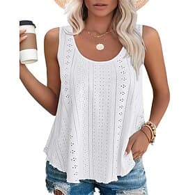 Women's Texture Blouse Eyelet Top Pointelle Tee Summer Tops Ruched Patchwork Eyelet Plain Elegant Vintage Daily Sleeveless U Neck Regular Tops Casual Daily Wor