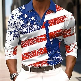 4th of July 2026 250th Men's American US Flag Polo Long Sleeve Polo Shirts Lapel Casual Street Daily Wear Festival Outfit 3D Print Buttons Spring Fall Winter B