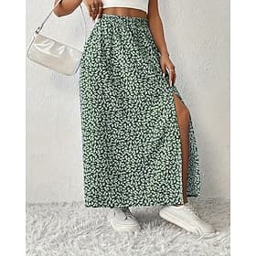 Femmes Mode Occasionnel Maxi Taille haute Jupes Floral Imprimé Fendu Micro-Élastique Quotidien Vacances Noir Rouge Bleu Roi Bleu Ciel Été