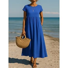 Vestido largo de mujer, corte A, ideal para vacaciones, estilo casual bohemio, para uso diario, holgado, liso, manga corta, cuello redondo, azul, negro, blanco