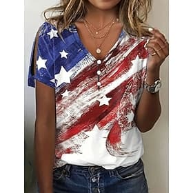 Independence Day Patriotic Women's T Shirt Graphic Flag Stylish Classic Modern Short Sleeve V Neck Regular Tops Daily Weekend Print Blue Summer Spring