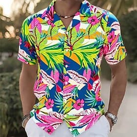 Men's Floral Print Palm Leaf Tropical Plants Shirt Cuban Collar Shirt Summer Hawaiian Shirt Short Sleeve Hawaiian Vacation Holiday Beach Wear Summer Spring Cam