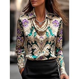 Per donna Camicia Elegant Top in raso A calotta di seta Stampato Drappeggiato Floreale Elegante Vintage Classico Manica Lunga Scollo a Cascata Top Regolari Quo