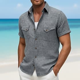 Men's Shirt Linen Shirt Summer Shirt Beach Wear Solid Color Casual Vacation Blue Navy Blue Khaki Gray Short Sleeve Shirt Collar Summer Spring Clothing Apparel