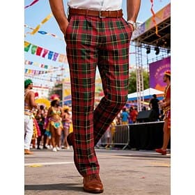 Men's Trousers Dress Pants Chinos Plaid Full Length Casual Business Carnival Fashion Stylish Red