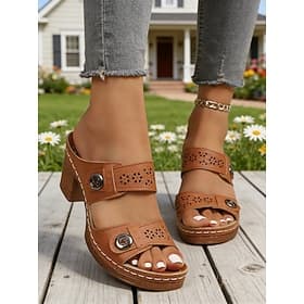Women's Brown Perforated Chunky Block Heel Sandals - Open Toe Platform Slides, Stylish Casual Comfort Footwear for Daily Wear
