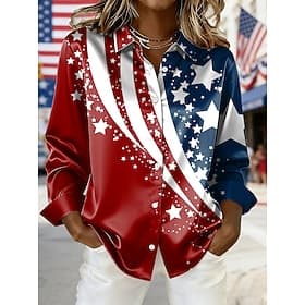 Independence Day Patriotic Women's Shirt Graphic Flag Vintage Stylish Modern Long Sleeve Shirt Collar Regular Tops Daily Holiday Blue Red Spring Winter