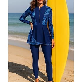 Women's Rash Guard Bathing Suit 2 Pieces Tropical Zip Up UV Protection Elastic Long Sleeve Swimwear Surfing Beach Swimming Spring