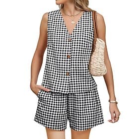 Femmes Ensembles de Shorts Haut boléro Sans manches Col en V Plaid Actif Streetwear Quotidien Extérieur Bleu Noir Rouge Été Coupe régulière