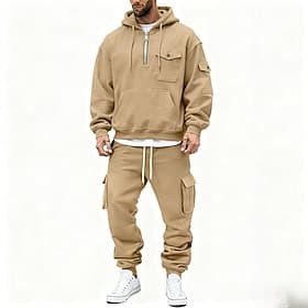 Men's Hoodie Tracksuit Hoodie  Pants Set Hoodie Daily Outdoor Vacation Daily Wear Drawstring Pocket Half Zip Plain Navy Blue Activewear Sports Fashion Fall