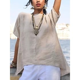 Women's Cotton Linen Shirts Solid Color Plain Vintage Cute Daily Short Sleeve Long Tops Daily Blue Orange color Green Rose Red Beige Summer Spring Fall