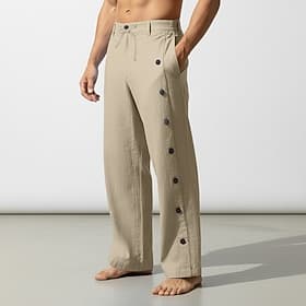 Homme Pantalons en Lin Pantalons Pantalon d'été Pantalons Amples Pantalons de Plage Cordon de serrage Bouton latéral Jambe Droite Uni Confort Respirant Longueu