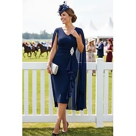 Fourreau Colonne Mi-long Robe de Derby Robe de Mère de Mariée  Sans manches Col en V Élégant ancien Minimaliste Kentucky Derby Chiffon Echarpe incluse avec Bro
