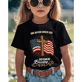 100% Cotton Kids Girls' Black Graphic Cross 250th Anniversary Kid's American US Flag T shirt Tee Crew Neck Short Sleeve Vacation Sports  Outdoor Dailywear Acti