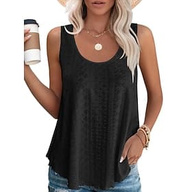 Women's Tank Top Eyelet Plain Fashion Stylish Classic Sleeveless U Neck Regular Tops Daily Going out Weekend Black White Yellow Pink Purple Summer