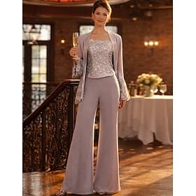 Jumpsuit Pantsuit 3 Piece Pantsuit Floor Length Mother of the Bride Dress Long Sleeve Square Neck Elegant Vintage Simple Formal Wedding Guest Chiffon Satin wit