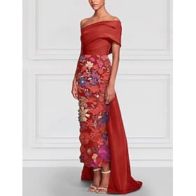 Sheath Column Tea Length Cocktail Dresses Evening Gown Ball Gown with Overskirt Formal Dress Elegant Sleeveless Off Shoulder Garden Party Wedding Satin with Bo