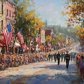 Patriotic Wall Art Digital Oil Painting, Vintage USA Parade Scene