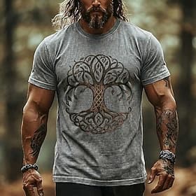Wikinger-T-Shirt mit Lebensbaum-Motiv (Yggdrasil, nordische Rune), gewaschene Baumwollmischung, Vintage-Grau, Retro-Stil, Größen: S, M, L, XL, XXL, XXXL