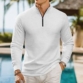 Homme Chemises Polo Gaufre Texturé Occasionnel Sport  Loisir Sans Col manche longue Mode Confortable Uni Zip Up Printemps Printemps  Automne Coupe régulière Bl