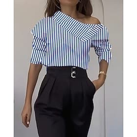 Women's Shirt Blouse Buttons Striped Stylish Long Sleeve Turtleneck Regular Tops Daily Holiday Going out Blue Summer Spring