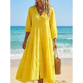 Femmes Robe maxi Robes effet lin Robe Caftan Mode Moderne Extérieur Vacances Fête Coupe Ample Uni manche longue Col en V Bleu Blanche Jaune Été Printemps Autom