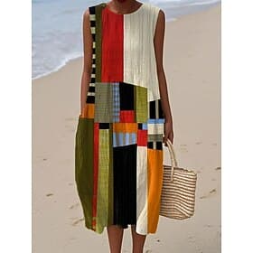 Women's Midi Dress Linen Like Sundress Shift Dress A Line Dress Vacation Casual Boho Beach Going out Loose Fit Graphic Geometric Abstract Sleeveless Crewneck P