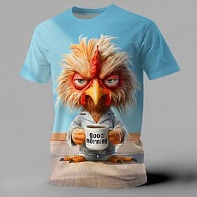 Good Morning Grumpy Chicken Men T Shirt Messy Hair 3D Printed Animal Funny Coffee Lover Tee Clothing Apparel S M L XL XXL XXXL