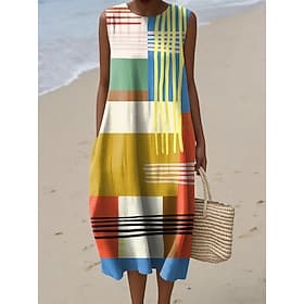 Vestido Midi de Mujer de Lino Como Vestido de Verano Vestido Casual Playa Corte Suelto Gráfico Geométrico Sin Mangas Cuello Redondo Azul Amarillo Claro Amarill