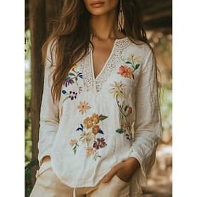 Femmes Chemise Chemise Bohème Chemisier Imprimé Fleuri Graphique Bohème ancien Quotidien manche longue Col en V Hauts Réguliers Quotidien Fête Sortir Blanche É
