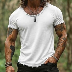 Men's Tee Top Linen T-Shirt Short Sleeve Short Sleeves Crew Neck Summer Plain Fashion Designer Basic Soft Raw Edge Casual Vacation Street White Top Tee for Men