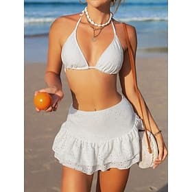 Women's Swimwear Bikini Three Piece Skirt Swimsuit Slim Backless Vacation Beach Wear Solid Color Halter Neck Sleeveless Bathing Suits