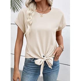 Women's Blouse Solid Color Elegant Stylish Basic Short Sleeve Crew Neck Regular Tops Daily Work Black Red Khaki Beige Summer Spring Fall Winter