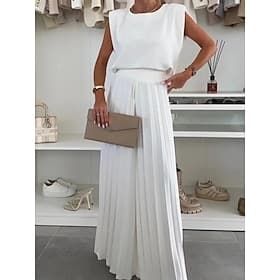 Women's Pants Sets Bolero Top Sleeveless Round Neck Plain Ruched Fashion Streetwear Daily Outdoor Black White Summer Loose Fit
